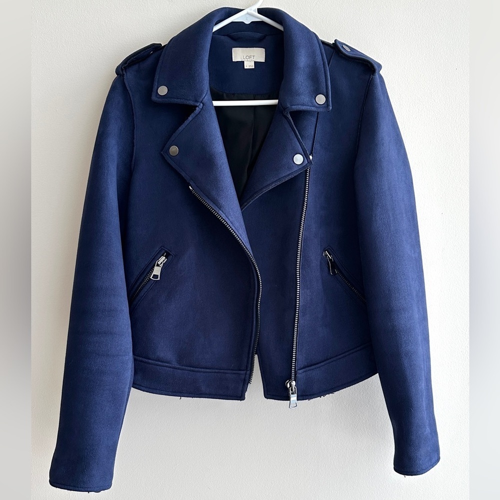 LOFT Women’s Royal Blue Faux Suede Motorcycle Jacket, Moto, Size 4